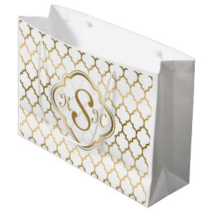 Monogramed Gold & White Quatrefoil Pattern Large Cadeautasje