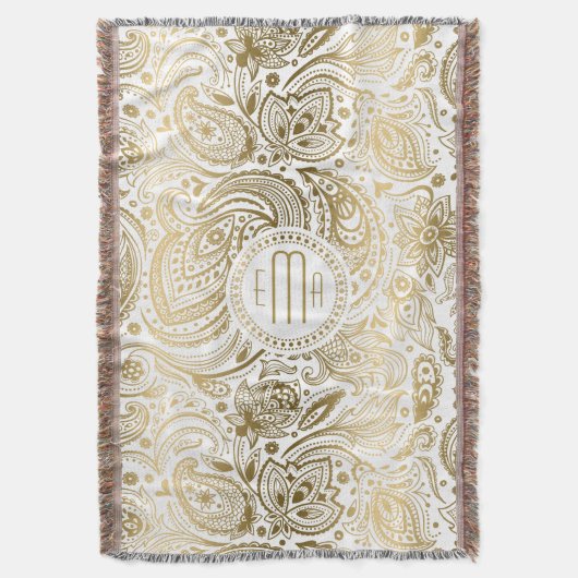 Monogramed Goud en Wit  Bloemen Paisley Deken (Voorkant Verticaal)