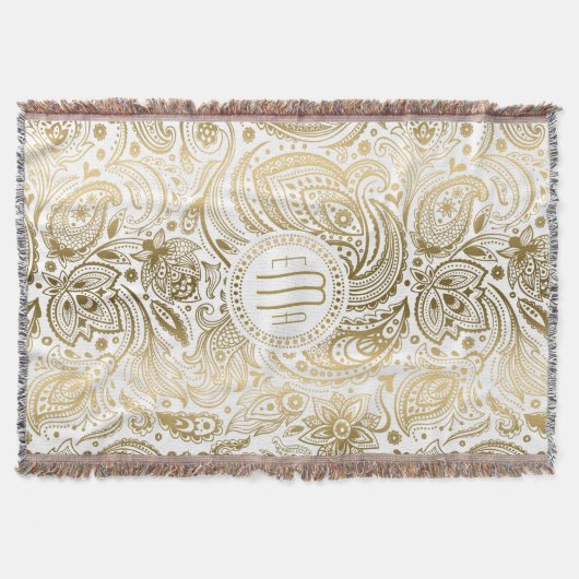 Monogramed Goud en Wit  Bloemen Paisley Deken (Voorkant)