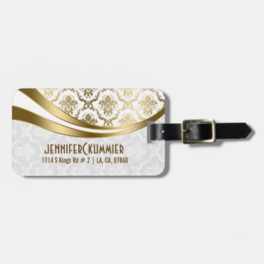 Monogramed goud en witte bloemdamast bagagelabel (Voorkant horizontaal)
