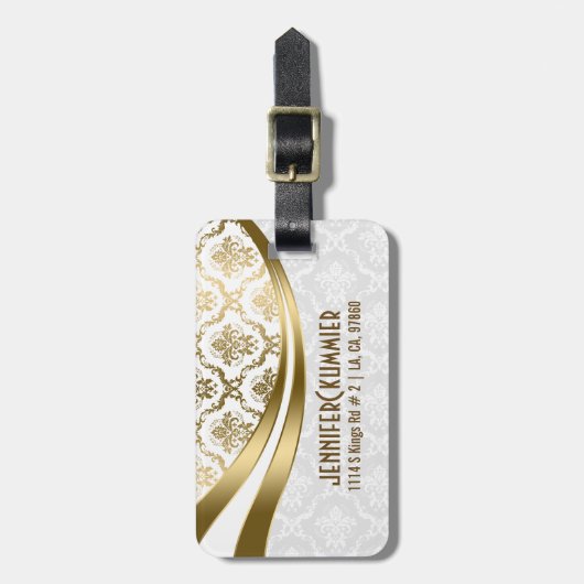 Monogramed goud en witte bloemdamast bagagelabel (Voorkant verticaal)