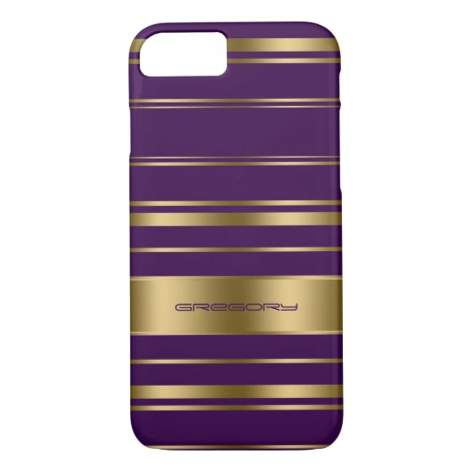 Monogramed Goud & Paarse Streepjespatroon Case-Mate iPhone Case (Achterkant)