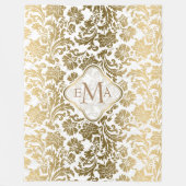 Monogramed Goud & Wit Bloemen Damast Fleece Deken (Voorkant)