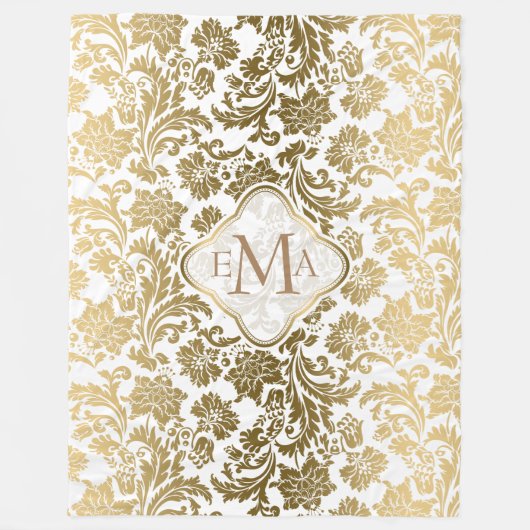 Monogramed Goud & Wit Bloemen Damast Fleece Deken (Voorkant)