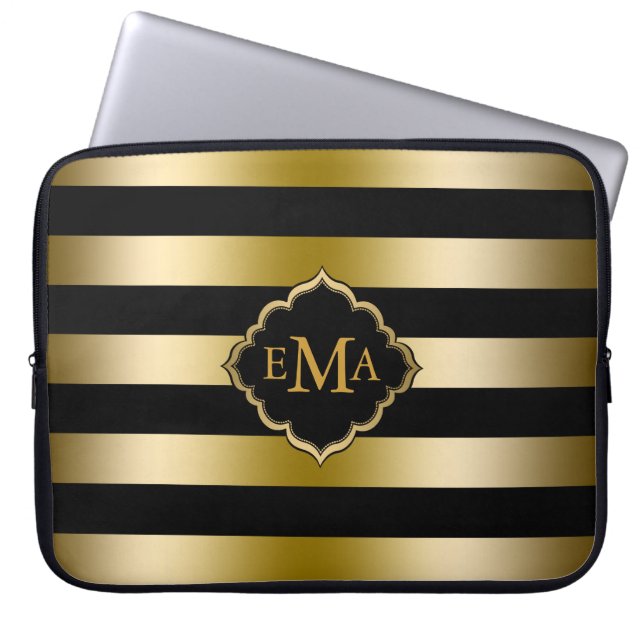 Monogramed gouden tinten & zwart strepen patroon laptop sleeve (Voorkant)