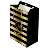 Monogramed gouden tinten & zwart strepen patroon medium cadeauzakje (Voorkant Gekanteld)