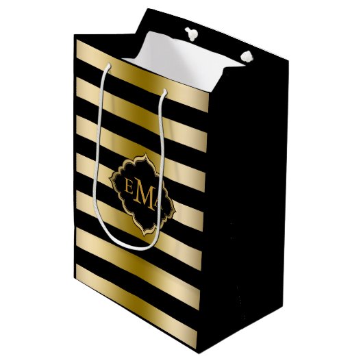 Monogramed gouden tinten & zwart strepen patroon medium cadeauzakje (Voorkant Gekanteld)