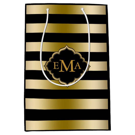 Monogramed gouden tinten & zwart strepen patroon medium cadeauzakje (Voorkant)