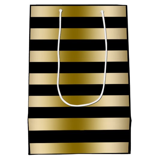 Monogramed gouden tinten & zwart strepen patroon medium cadeauzakje (Achterkant)