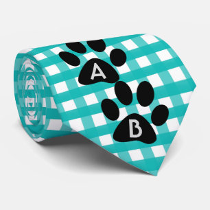 Monogramed Green Checkered Pattern Pet Paw Print Stropdas