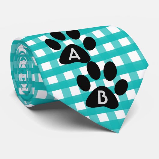 Monogramed Green Checkered Pattern Pet Paw Print Stropdas (Opgerold)