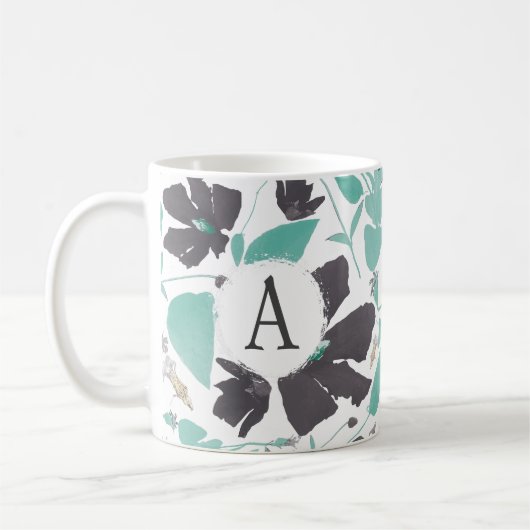 Monogramed Grey Blauwgroen Floral Stripe Pattern Koffiemok (Links)