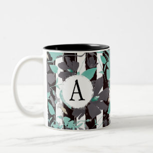 Monogramed Grey Blauwgroen Floral Stripe Pattern Tweekleurige Koffiemok