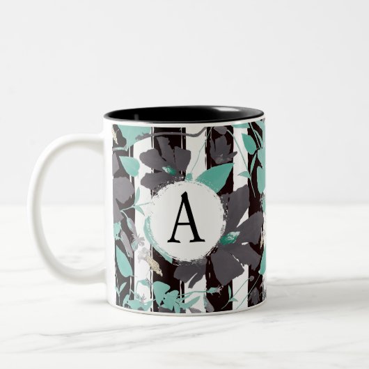 Monogramed Grey Blauwgroen Floral Stripe Pattern Tweekleurige Koffiemok (Links)
