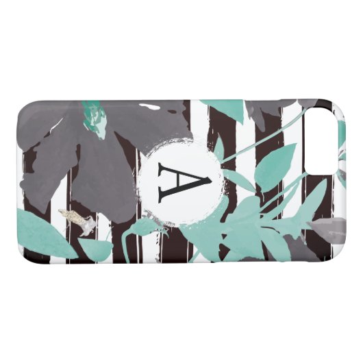 Monogramed Grey Mint Floral Stripe Case-Mate iPhone Case (Achterkant (Horizontaal))