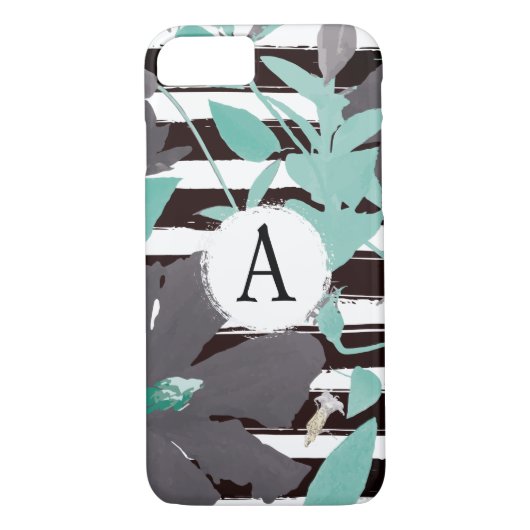 Monogramed Grey Mint Floral Stripe Case-Mate iPhone Case (Achterkant)