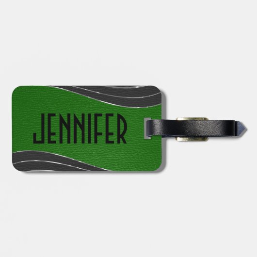 Monogramed grijs en groen leer 2 zilveren accenten bagagelabel (Achterkant horizontaal)