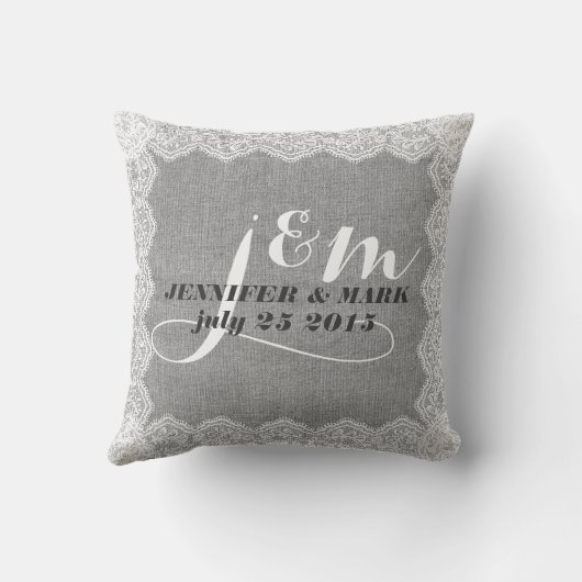 Monogramed Grijs Linnen & Wit Kant Bruiloft Kussen (Achterkant)