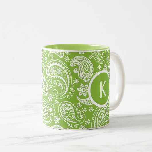 Monogramed Groen & Wit  Paisley Tweekleurige Koffiemok (Voorkant rechts)