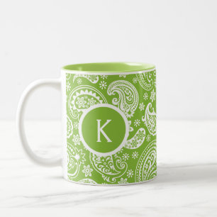 Monogramed Groen & Wit  Paisley Tweekleurige Koffiemok