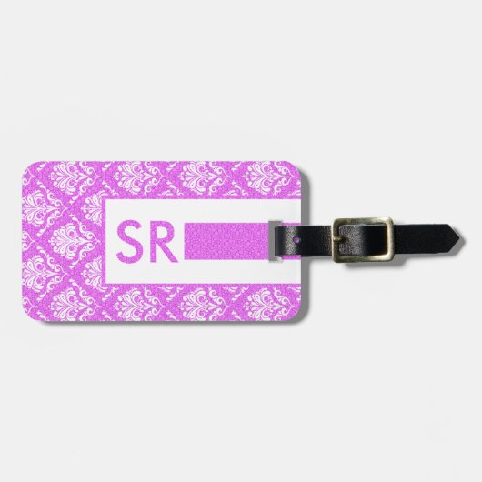 Monogramed Heet Roze en Wit Damasks Patroon Bagagelabel (Voorkant horizontaal)