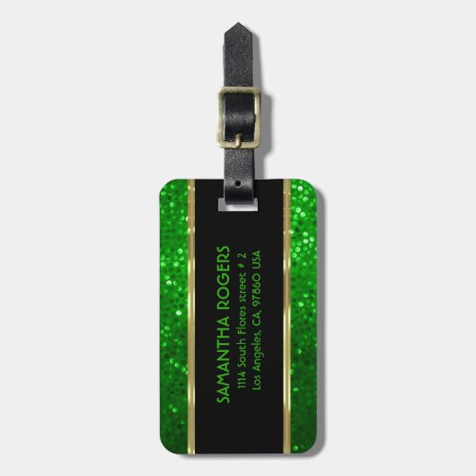 Monogramed Heldergroene Tonen Glitter Textuur Bagagelabel (Voorkant verticaal)