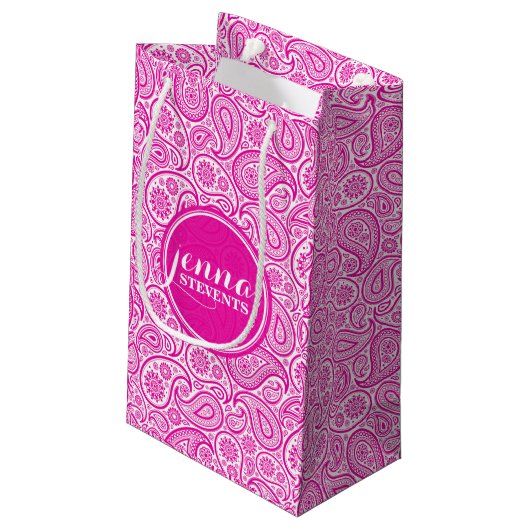 Monogramed Hot Pink & White  Paisley Klein Cadeauzakje (Achterkant Gekanteld)