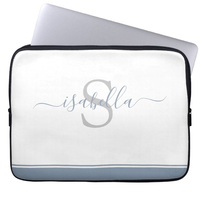 Monogramed Initiaal Elegant Script Dusty Blue Laptop Sleeve (Voorkant)