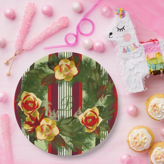 Monogramed kerstkrans papieren bordje (Feest)