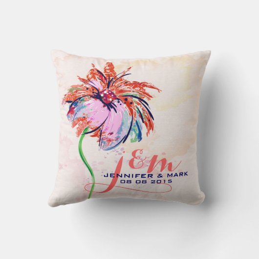 Monogramed Kleurrijke Hand Getrokken Bloem Kussen (Achterkant)