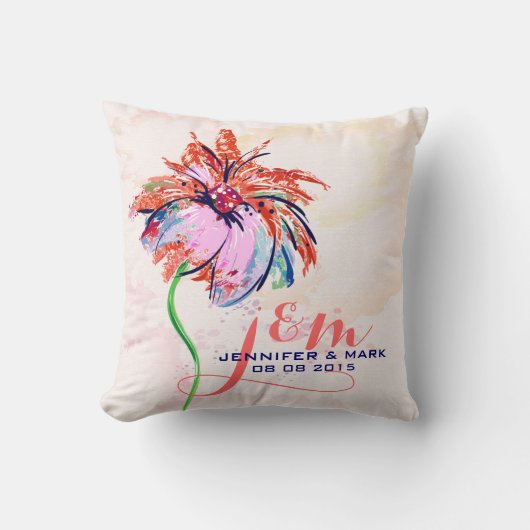 Monogramed Kleurrijke Hand Getrokken Bloem Kussen (Voorkant)