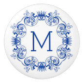 Monogramed Marine Blauw Bloemen Oranje Cirkel Gram Keramische Knop (Voorkant)