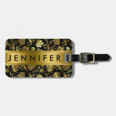 Monogramed Metallic Goud Bloemen Damasks Bagagelabel (Voorkant horizontaal)
