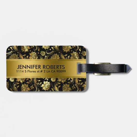 Monogramed Metallic Goud Bloemen Damasks Bagagelabel (Achterkant horizontaal)