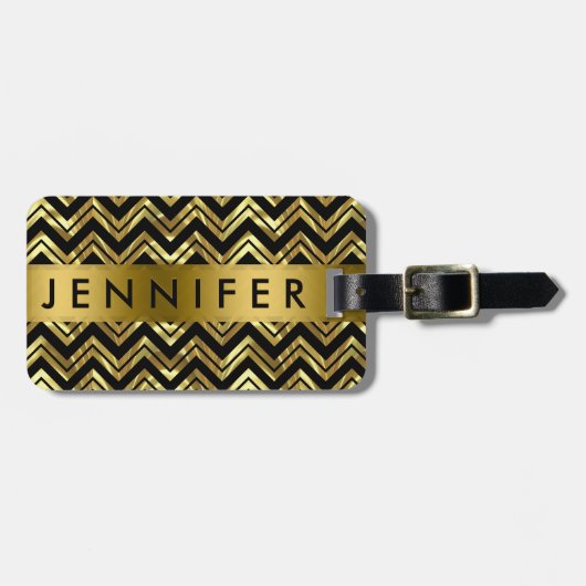 Monogramed Metallic Goud Zigzag Chevron Patroon Bagagelabel (Voorkant horizontaal)