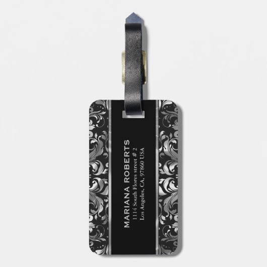 Monogramed Metallic Silver Orante Floral Damashen  Bagagelabel (Achterkant verticaal)