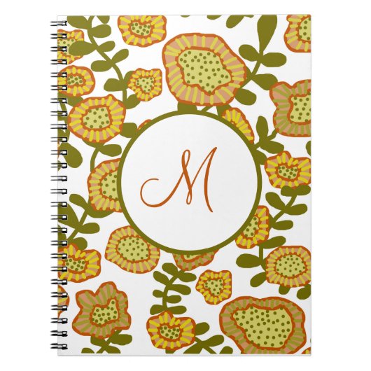 Monogramed Modern Gold Olive Oranje Floral Journal Notitieboek (Voorkant)