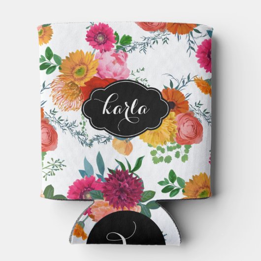 Monogramed Moderne Kleurrijke Lente Bloemen Blikjeskoeler (Achterkant)