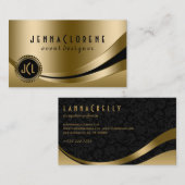 Monogramed Moderne Zwart & Goud Dynamische Lijnen  Visitekaartje (Voorkant / Achterkant)