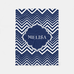 Monogramed Navy Blauw en Wit zigzag Chevron Fleece Deken
