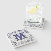 Monogramed Navy Blue Floral Swirls Lijst Stenen Onderzetter (Zijkant)