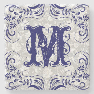 Monogramed Navy Blue Floral Swirls Lijst Stenen Onderzetter