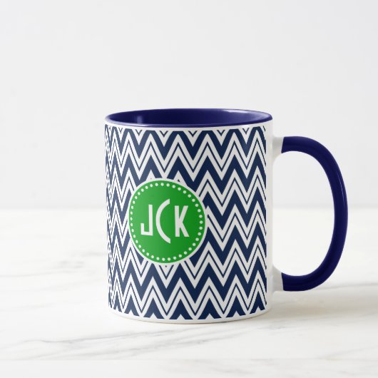 Monogramed Navy Blue & White Zigzag Chevron Mok (Rechts)