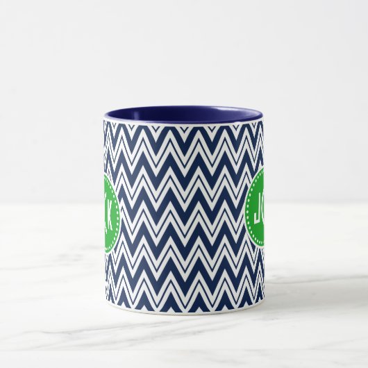 Monogramed Navy Blue & White Zigzag Chevron Mok (Midden)
