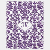 Monogramed Paarse Bloemen Damasks Witte Achtergron Fleece Deken (Voorkant)