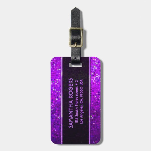 Monogramed Paarse tinten glitter textuur Bagagelabel (Voorkant verticaal)
