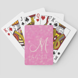 Monogramed Pink Glitter Bokeh Lady Luck Pokerkaarten