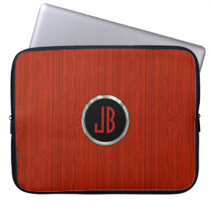 Monogramed Red Mahogany Wood met zilver en zwart Laptop Sleeve