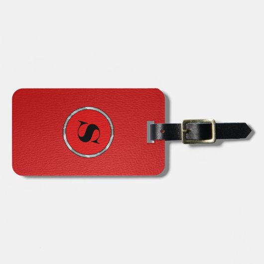 Monogramed rood leder look bagagelabel (Voorkant horizontaal)