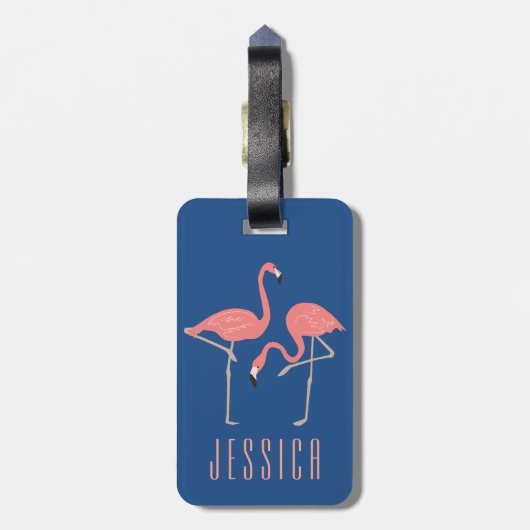 Monogramed roze flamingo illustratie bagagelabel (Achterkant verticaal)